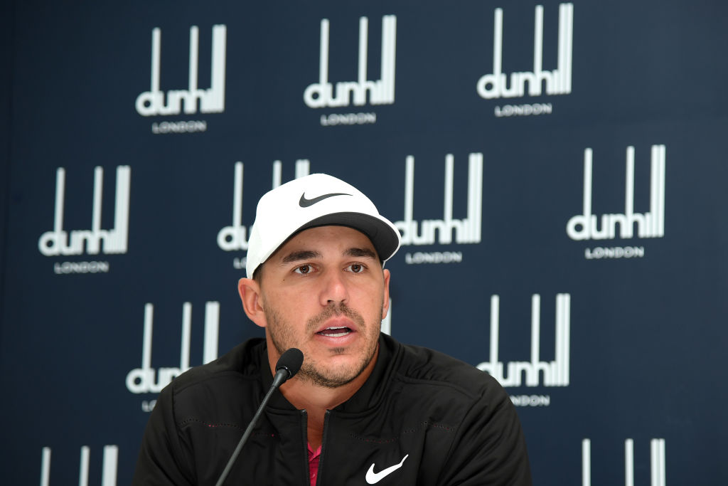 ST ANDREWS, SCOTLAND - OCTOBER 03:  Brooks Koepka of The United States attends a press confernce  during previews prior to the 2018 Alfred Dunhill Links Championship at The Old Course on October 3, 2018 in St Andrews, Scotland.  (Photo by Ross Kinnaird/Getty Images)