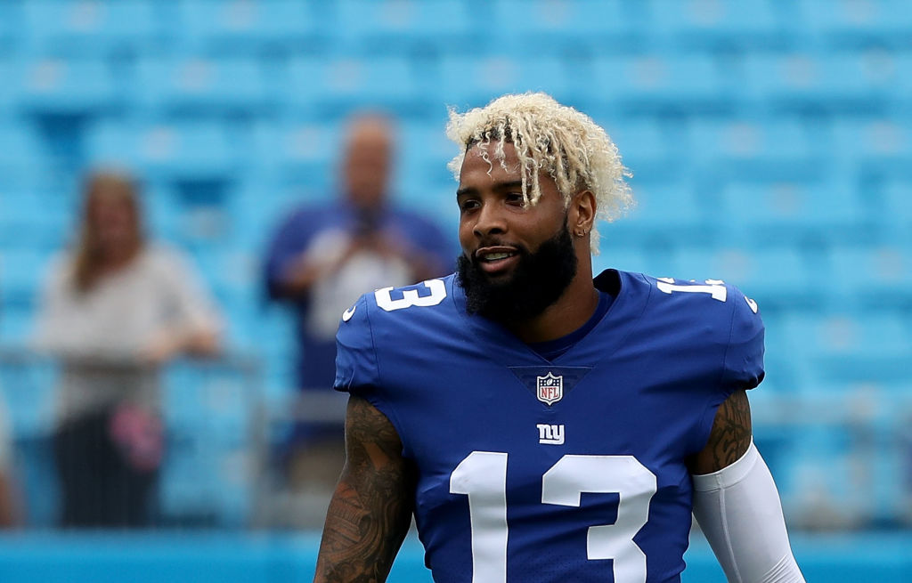 CHARLOTTE, NC - OCTOBER 07:  Odell Beckham #13 of the New York Giants warms up against the Carolina Panthers  at Bank of America Stadium on October 7, 2018 in Charlotte, North Carolina.  (Photo by Streeter Lecka/Getty Images)