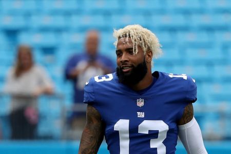 CHARLOTTE, NC - OCTOBER 07:  Odell Beckham #13 of the New York Giants warms up against the Carolina Panthers  at Bank of America Stadium on October 7, 2018 in Charlotte, North Carolina.  (Photo by Streeter Lecka/Getty Images)