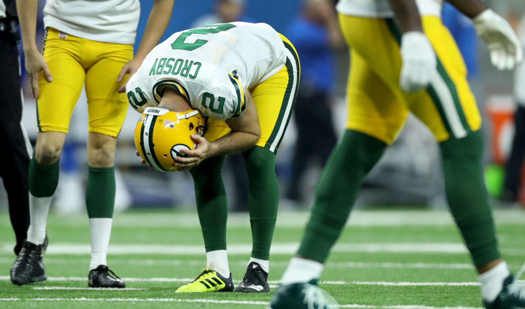 Kicker Mason Crosby #2 of the Green Bay Packers reacts to missing one of the three field goal attempts against the Detroit Lions during the first half at Ford Field on October 7, 2018 in Detroit, Michigan. (Photo by Leon Halip/Getty Images)