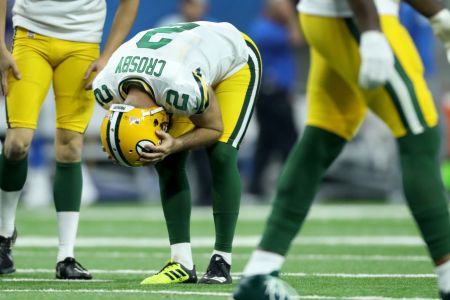 Kicker Mason Crosby #2 of the Green Bay Packers reacts to missing one of the three field goal attempts against the Detroit Lions during the first half at Ford Field on October 7, 2018 in Detroit, Michigan. (Photo by Leon Halip/Getty Images)