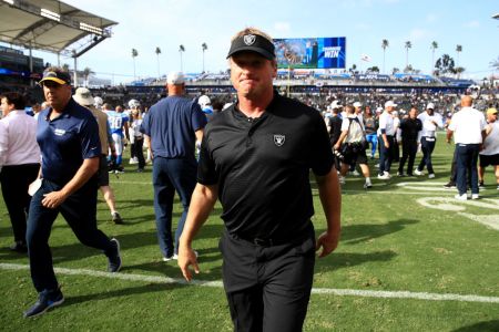CARSON, CA - OCTOBER 07:  Head coach Jon Gruden of the Oakland Raiders walks off the field after a game against the Los Angeles Chargers  at StubHub Center on October 7, 2018 in Carson, California.(Photo by Sean M. Haffey/Getty Images)