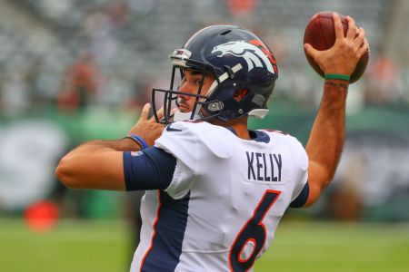 EAST RUTHERFORD, NJ - OCTOBER 07:  Denver Broncos quarterback Chad Kelly (6) during warm ups prior to the National Football League game between the New York Jets and the Denver Broncos on October 7, 2018 at MetLife Stadium in East Rutherford, NJ. (Photo by Rich Graessle/Icon Sportswire via Getty Images)