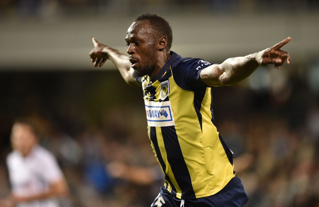Olympic sprinter Usain Bolt celebrates scoring a goal for A-League football club Central Coast Mariners in his first competitive start for the club against Macarthur South West United in Sydney on October 12, 2018. (PETER PARKS/AFP/Getty Images)