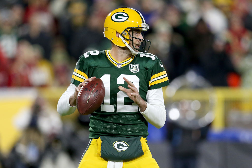 GREEN BAY, WI - OCTOBER 15:  Aaron Rodgers #12 of the Green Bay Packers drops back to pass in the first quarter against the San Francisco 49ers at Lambeau Field on October 15, 2018 in Green Bay, Wisconsin. (Photo by Dylan Buell/Getty Images)