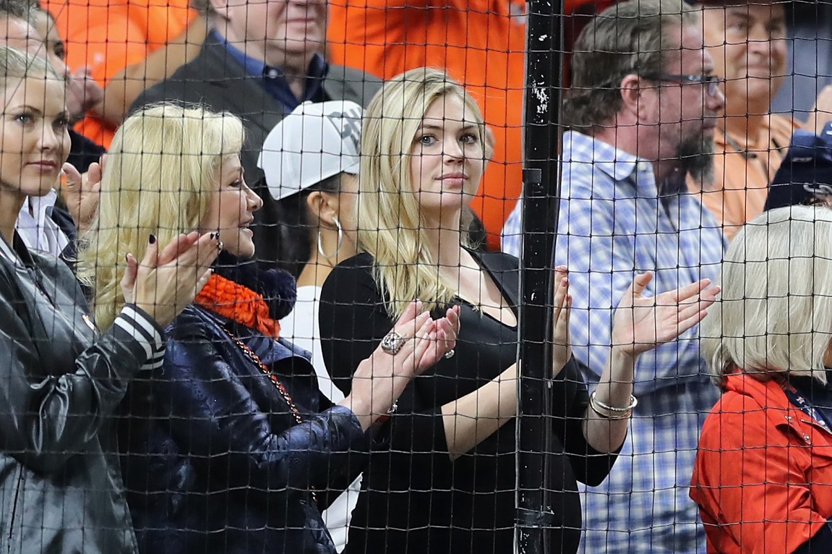 HOUSTON, TX - OCTOBER 17:  Kate Upton, wife of Justin Verlander #35 of the Houston Astros (not pictured), attends Game Four of the American League Championship Series between the Boston Red Sox and the Houston Astros at Minute Maid Park on October 17, 2018 in Houston, Texas.  (Photo by Elsa/Getty Images)