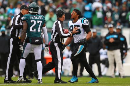 Strong safety Eric Reid #25 of the Carolina Panthers gets in the face of strong safety Malcolm Jenkins #27 of the Philadelphia Eagles prior to the start of the first quarter at Lincoln Financial Field on October 21, 2018 in Philadelphia, Pennsylvania.  (Photo by Mitchell Leff/Getty Images)