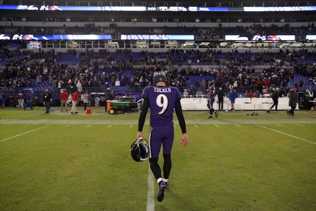 Kicker Justin Tucker #9 of the Baltimore Ravens runs off the field after New Orleans Saints wins 24-23 at M&T Bank Stadium on October 21, 2018 in Baltimore, Maryland. (Photo by Patrick Smith/Getty Images)
