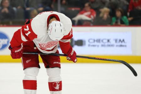 DETROIT, MI - OCTOBER 22:  Detroit Red Wings forward Dylan Larkin (71) reacts after an empty net goal was scored by the Carolina Hurricanes during the third period of a regular season NHL hockey game between the Carolina Hurricanes and the Detroit Red Wings on October 22, 2018, at Little Caesars Arena in Detroit, Michigan.  Carolina defeated Detroit 3-1.  (Photo by Scott Grau/Icon Sportswire via Getty Images)