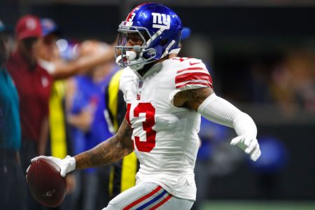 ATLANTA, GA - OCTOBER 22: New York Giants wide receiver Odell Beckham (13) is pushed out of bounds in an NFL football game between the New York Giants and Atlanta Falcons on October 22, 2018 at Mercedes-Benz Stadium. The Atlanta Falcons won the game 23-20. (Photo by Todd Kirkland/Icon Sportswire via Getty Images)