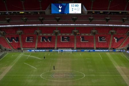 General view inside the stadium with the NFL logo still on the pitch prior to the Premier League match between Tottenham Hotspur and Manchester City at Tottenham Hotspur Stadium on October 29, 2018 in London, United Kingdom.  (Photo by Clive Rose/Getty Images)
