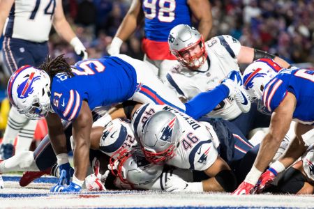 James White #28 of the New England Patriots scores a running touchdown during the fourth quarter against the Buffalo Bills at New Era Field on October 29, 2018 in Orchard Park, New York. (Photo by Brett Carlsen/Getty Images)