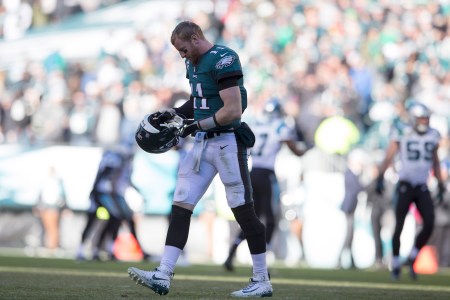PHILADELPHIA, PA - OCTOBER 21: Carson Wentz #11 of the Philadelphia Eagles reacts after a turnover on downs in the final moments of the game against the Carolina Panthers at Lincoln Financial Field on October 21, 2018 in Philadelphia, Pennsylvania. (Photo by Mitchell Leff/Getty Images)