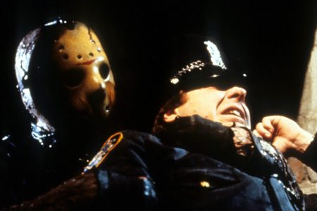 Jason grabs cop in a scene from the film 'Friday The 13th Part VIII: Jason Takes Manhattan', 1989. (Photo by Paramount/Getty Images)