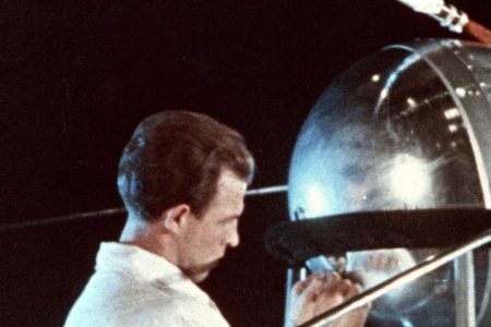 Soviet technician working on sputnik 1, 1957. (Photo by: Sovfoto/UIG via Getty Images)