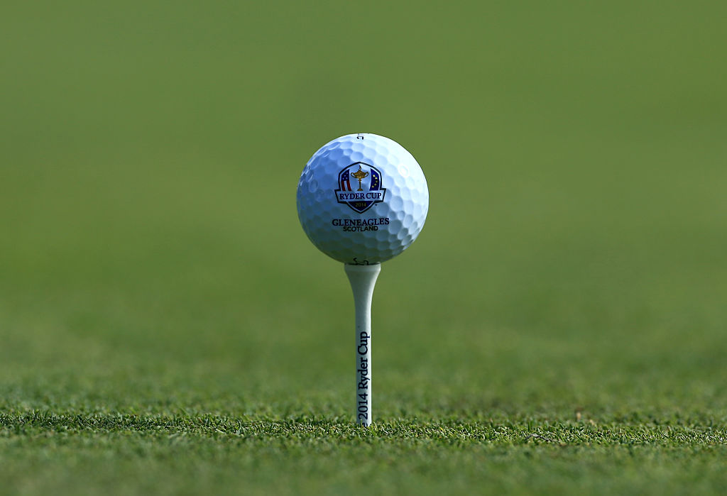 AUCHTERARDER, SCOTLAND - SEPTEMBER 22:  A Ryder Cup logo ball is seen on a tee ahead of the 2014 Ryder Cup on the PGA Centenary course at the Gleneagles Hotel on September 22, 2014 in Auchterarder, Scotland.  (Photo by David Cannon/Getty Images)