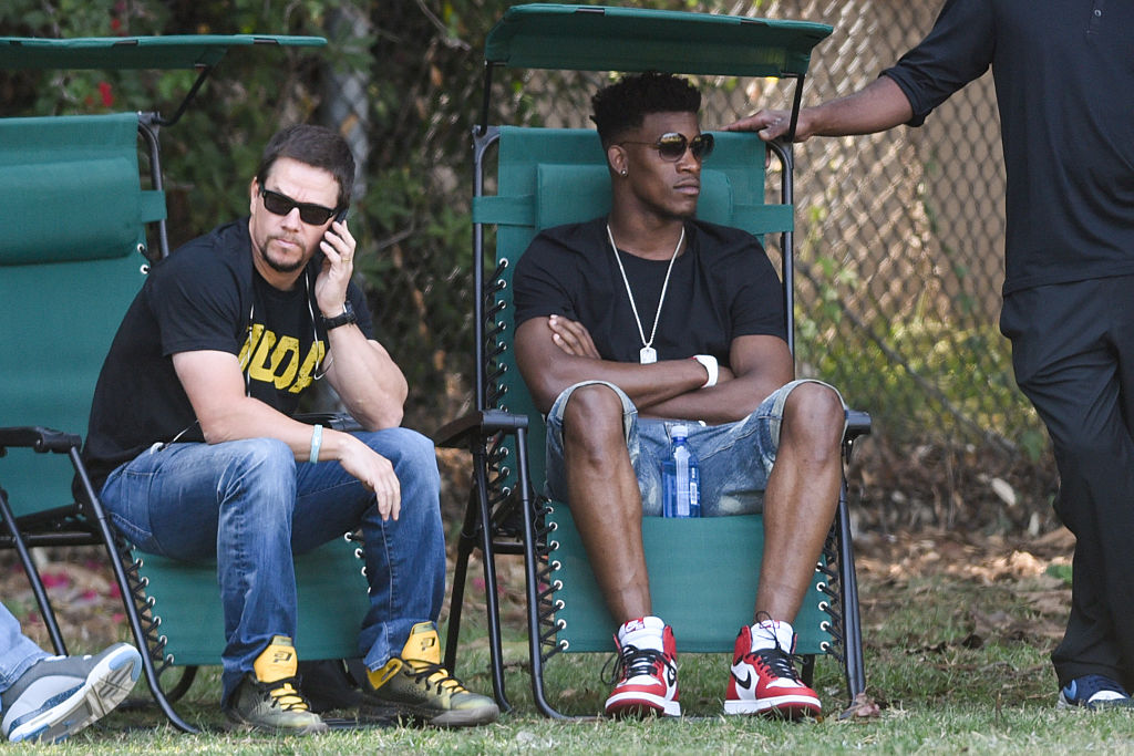 LOS ANGELES, CA - MAY 30: Mark Wahlberg and Jimmy Butler are seen in Los Angeles on May 30, 2015 in Los Angeles, California.  (Photo by GONZALO/Bauer-Griffin/GC Images)
