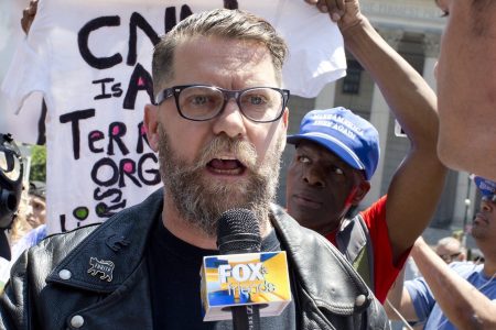 The alt-right leader and former co-founder of Vice Magazine Gavin McInnes attends an Act for America rally to protest sharia law on June 10, 2017 in Foley Square in New York City. (Andrew Lichtenstein/ Corbis via Getty Images)