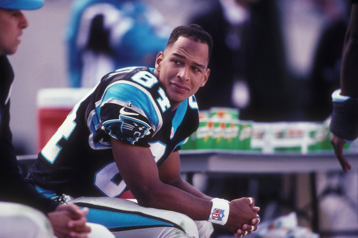 Rae Carruth #83 of the Carolina Panthers during a NFL football game against the Oakland Raiders on November 2, 1997 at Ericsson Stadium in Charlotte, North Carolina.   (Photo by Mitchell Layton/Getty Images)