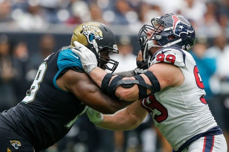 HOUSTON, TX - SEPTEMBER 10:  Jermey Parnell #78 of the Jacksonville Jaguars and J.J. Watt #99 of the Houston Texans lock up at NRG Stadium on September 10, 2017 in Houston, Texas.  (Photo by Bob Levey/Getty Images)