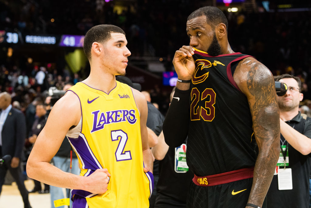 CLEVELAND, OH - DECEMBER 14: Lonzo Ball #2 of the Los Angeles Lakers listens to LeBron James #23 of the Cleveland Cavaliers after the game at Quicken Loans Arena on December 14, 2017 in Cleveland, Ohio. (Photo by Jason Miller/Getty Images)