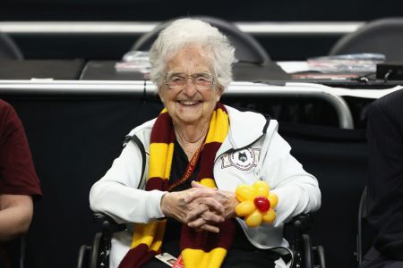 Loyola Ramblers team chaplain Sister Jean Dolores-Schmidt looks on before the 2018 NCAA Men's Final Four Semifinal against the Michigan Wolverines at the Alamodome on March 31, 2018 in San Antonio, Texas.  (Photo by Ronald Martinez/Getty Images)