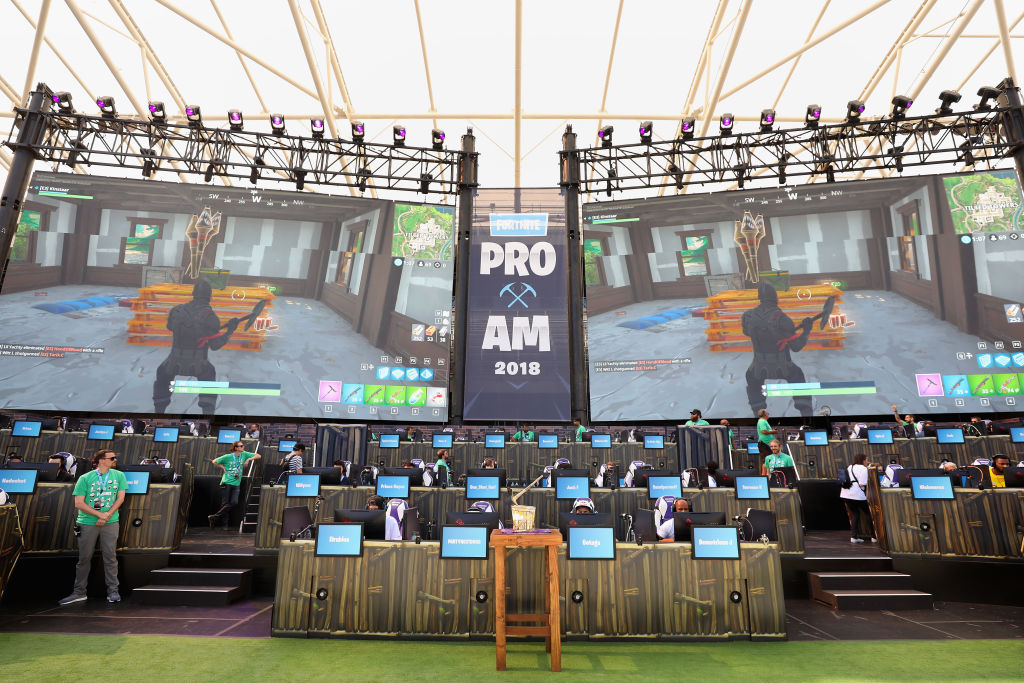 LOS ANGELES, CA - JUNE 12:  The Fortnite trophy is displayed as gamers compete in the Epic Games Fortnite E3 Tournament at the Banc of California Stadium on June 12, 2018 in Los Angeles, California.  (Photo by Christian Petersen/Getty Images)