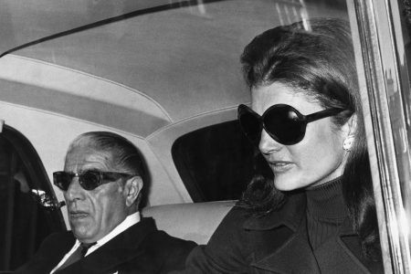 Aristotle Onassis with his wife Jacqueline Kennedy Onassis, just before flying from London to Belfast. 1970. President John F. Kennedy's widow remarried in 1968. (Hulton-Deutsch Collection/CORBIS/Corbis via Getty Images)