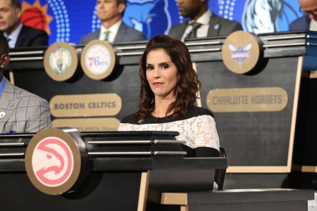 Jami Gertz represents the Atlanta Hawks during the NBA Draft Lottery on May 15, 2018 at The Palmer House Hilton in Chicago, Illinois. Gertz has become the face of the Hawks' organization since her husband Tony Ressler and Grant Hill assumed ownership in 2015. (Photo by Gary Dineen/NBAE via Getty Images)