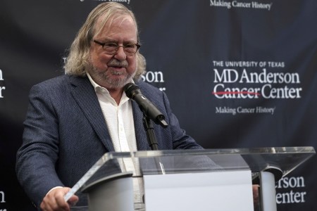 James Allison, currently at the MD Anderson Cancer Center at the University of Texas, holds a press conference in New York October 1, 2018 after winning the Nobel Prize in physiology or medicine along with Kyoto Universitys Tasuku Honjo. Allison was awarded the prize for his cancer research in immunotherapy. (Photo by TIMOTHY A. CLARY/AFP/Getty Images)