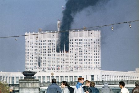 The Russian parliament building, also known as the White House, burning during the parliamentary revolt in Moscow by Communist hardliners against Boris Yeltsin. (ALEXANDER NEMENOV/AFP/Getty Images)