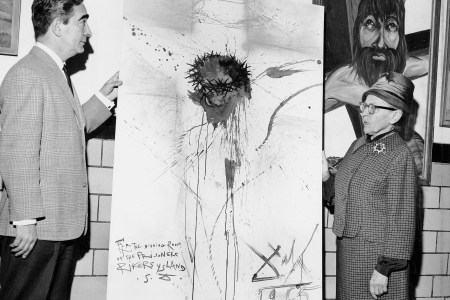 Nico Yperifanos, Salvador Dali's personal representative, presents artist's 'Christ on the Cross" to Rikers Island prison. Correction Commissiojner Anna Kross accepts the work. The Dali painting was stolen by prison guards in 2003. (Photo by Leonard Detrick/NY Daily News Archive via Getty Images)