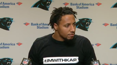 Eric Reid speaks at the podium. (Carolina Panthers)