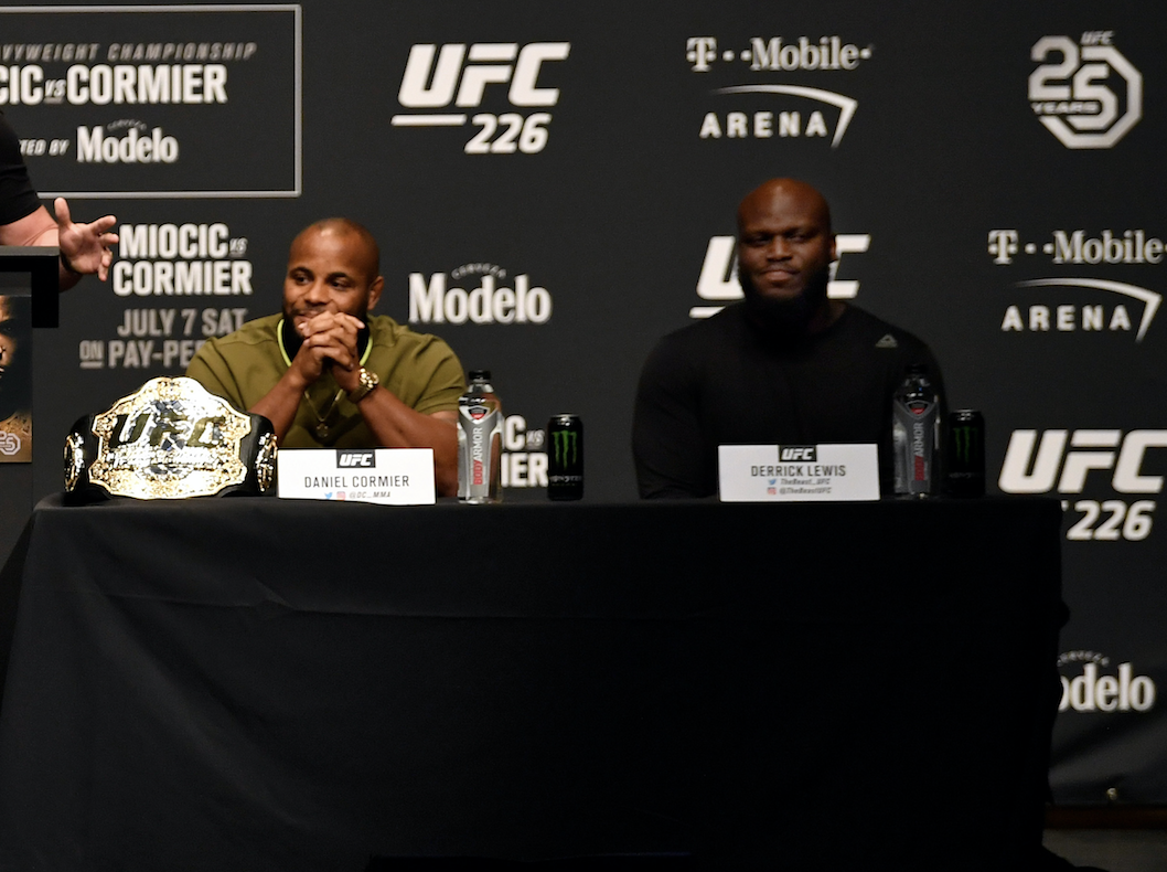 LAS VEGAS, NEVADA - JULY 05: Daniel Cormier and Derrick Lewis on the dais during the UFC 226 Press Conference inside The Pearl concert theater at Palms Casino Resort on July 5, 2018 in Las Vegas, Nevada. (Photo by Jeff Bottari/Zuffa LLC/Zuffa LLC via Getty Images)