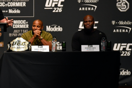 LAS VEGAS, NEVADA - JULY 05: Daniel Cormier and Derrick Lewis on the dais during the UFC 226 Press Conference inside The Pearl concert theater at Palms Casino Resort on July 5, 2018 in Las Vegas, Nevada. (Photo by Jeff Bottari/Zuffa LLC/Zuffa LLC via Getty Images)