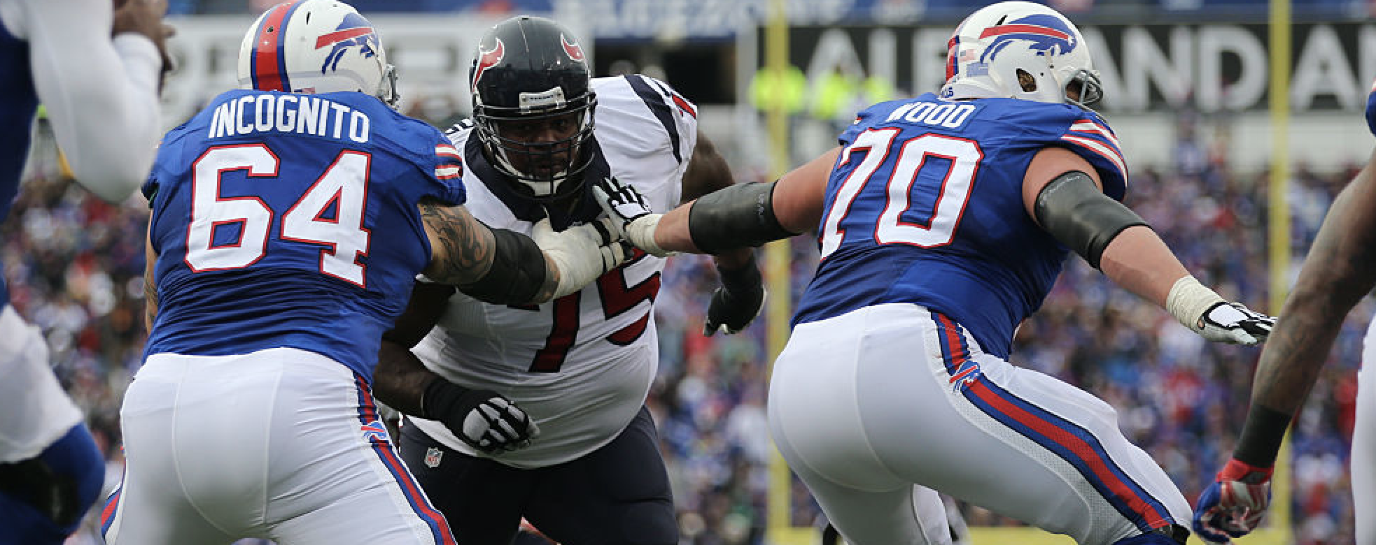 06 December 2015: Houston Texans nose tackle Vince Wilfork (75) in action being blocked by Buffalo Bills offensive guard Richie Incognito (64) during a NFL game between the Houston Texans and Buffalo Bills at Ralph Wilson Stadium in Orchard Park, NY. (Photo by Kellen Micah/Icon Sportswire)