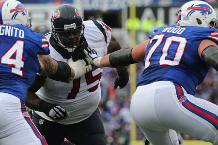 06 December 2015: Houston Texans nose tackle Vince Wilfork (75) in action being blocked by Buffalo Bills offensive guard Richie Incognito (64) during a NFL game between the Houston Texans and Buffalo Bills at Ralph Wilson Stadium in Orchard Park, NY. (Photo by Kellen Micah/Icon Sportswire) 