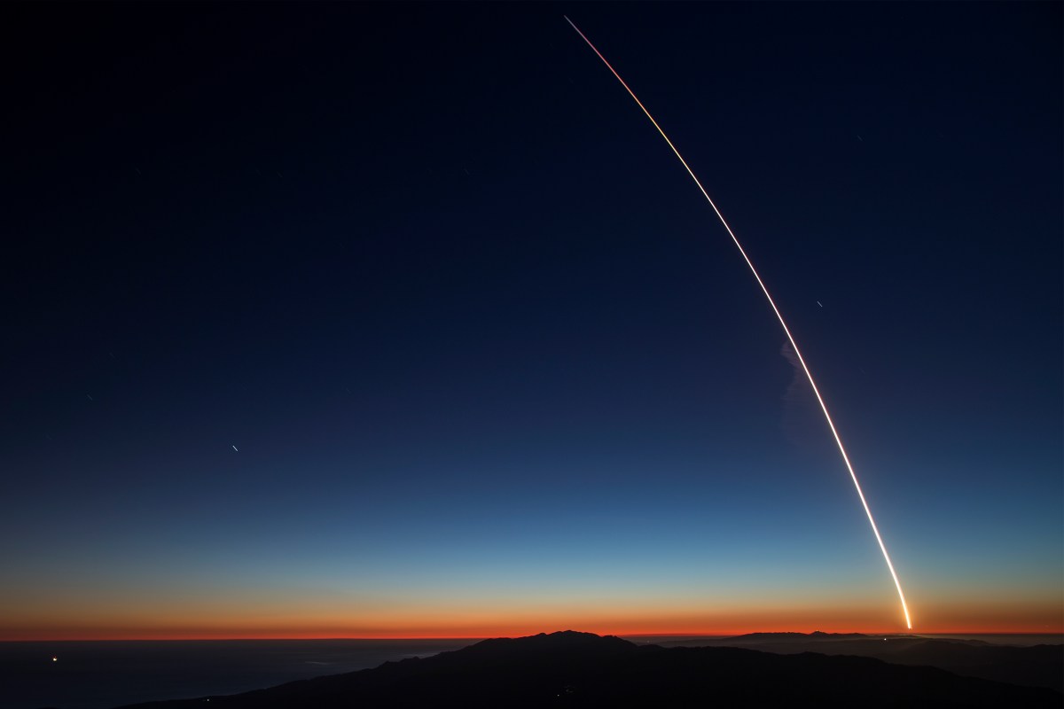 The SpaceX Falcon 9 rocket launches from Vandenberg Air Force Base carrying the SAOCOM 1A and ITASAT 1 satellites, as seen during a long exposure on October 7, 2018 near Santa Barbara, California. After launching the satellites, the Falcon 9 rocket successfully returned to land on solid ground near the launch site rather than at sea. (Photo by David McNew/Getty Images)