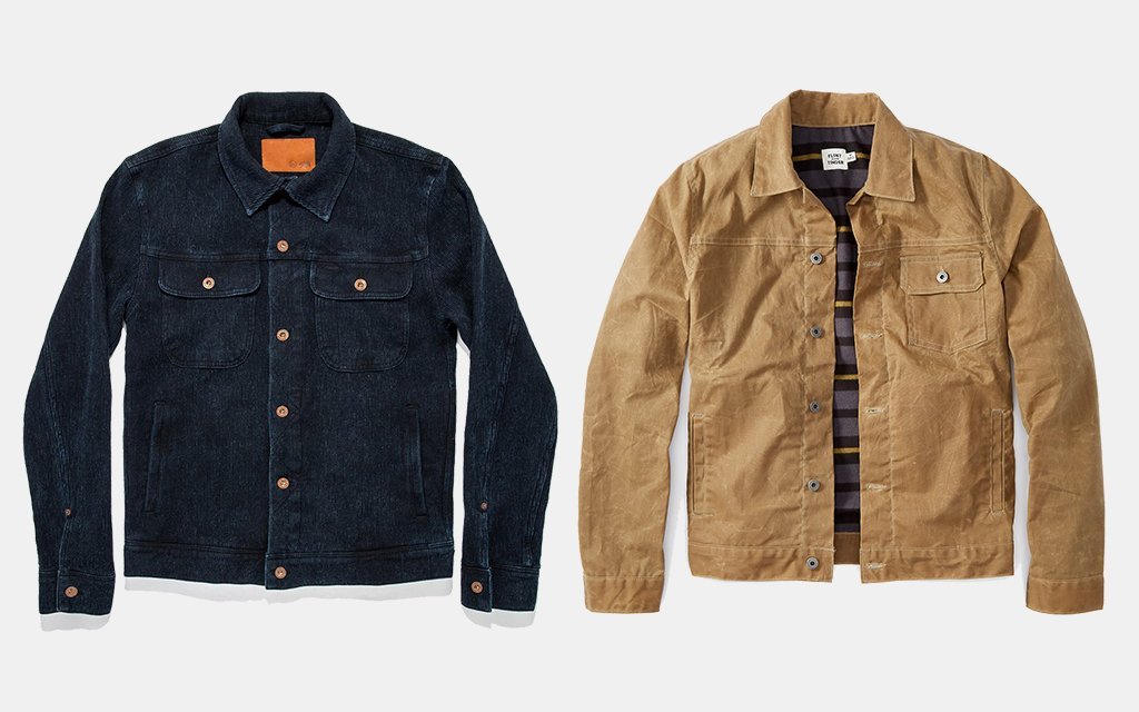 The Long Haul Jacket — Taylor Stitch; Flannel-Lined Waxed Trucker Jacket — Flint and Tinder 