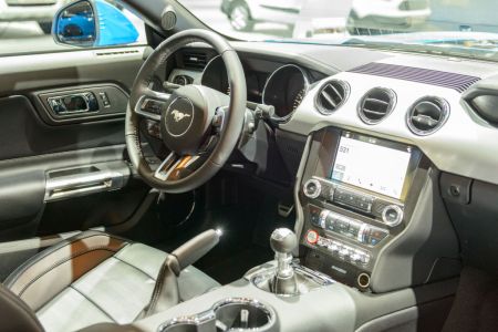BRUSSELS, BELGIUM - JANUARY 09:    Interior and dashboard of a Ford Mustang American Muscle car. The car is on display at Brussels Expo on January 9, 2017 in Brussels, Belgium. (Photo by Sjoerd van der Wal/Getty Images)