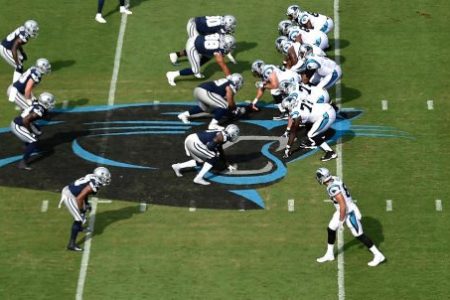 CHARLOTTE, NC - SEPTEMBER 09:  Detail photo of the Carolina Panthers logo at midfield at Bank of America Stadium during the game against the Dallas Cowboys on September 9, 2018 in Charlotte, North Carolina. The Panthers won 16-8.  (Photo by Grant Halverson/Getty Images)