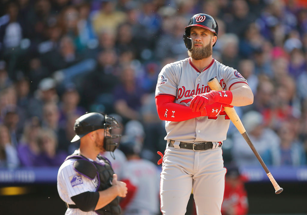 DENVER, CO - SEPTEMBER 30: Washington Nationals outfielder Bryce Harper (34) bats during a regular season game between the Colorado Rockies and the visiting Washington Nationals on September 30, 2018 at Coors Field in Denver, CO.   (Photo by Russell Lansford/Icon Sportswire via Getty Images)