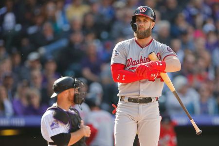 DENVER, CO - SEPTEMBER 30: Washington Nationals outfielder Bryce Harper (34) bats during a regular season game between the Colorado Rockies and the visiting Washington Nationals on September 30, 2018 at Coors Field in Denver, CO.   (Photo by Russell Lansford/Icon Sportswire via Getty Images)