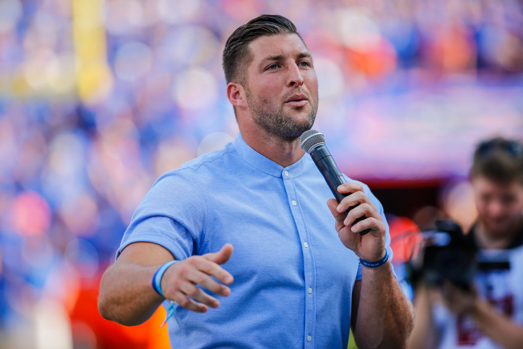 GAINESVILLE, FL - OCTOBER 06: Former Florida Gators quarterback Tim Tebow speaks to the crowd during his Ring of Honor induction during the game between the LSU Tigers and the Florida Gators on October 6, 2018 at Ben Hill Griffin Stadium at Florida Field in Gainesville, Fl. (Photo by David Rosenblum/Icon Sportswire via Getty Images)