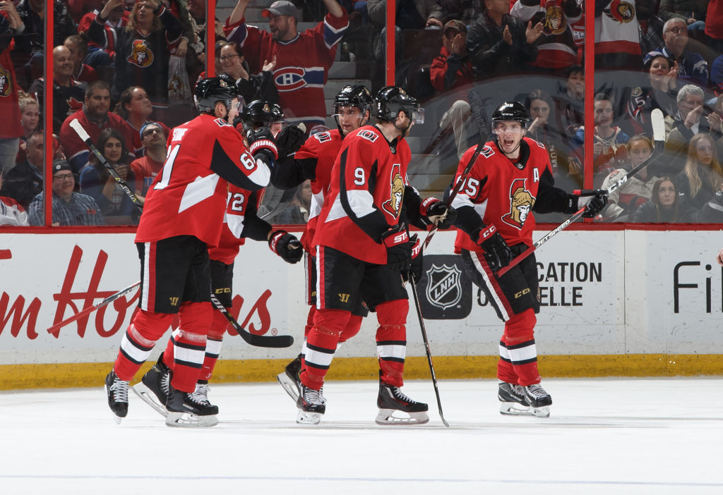 OTTAWA, ON - OCTOBER 20:  Matt Duchene #95 of the Ottawa Senators celebrates his second period goal against the Montreal Canadiens with teammates Mark Stone #61, Thomas Chabot #72, Colin White #36 and Bobby Ryan #9 at Canadian Tire Centre on October 20, 2018 in Ottawa, Ontario, Canada.  (Photo by Andre Ringuette/NHLI via Getty Images)