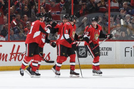 OTTAWA, ON - OCTOBER 20:  Matt Duchene #95 of the Ottawa Senators celebrates his second period goal against the Montreal Canadiens with teammates Mark Stone #61, Thomas Chabot #72, Colin White #36 and Bobby Ryan #9 at Canadian Tire Centre on October 20, 2018 in Ottawa, Ontario, Canada.  (Photo by Andre Ringuette/NHLI via Getty Images)