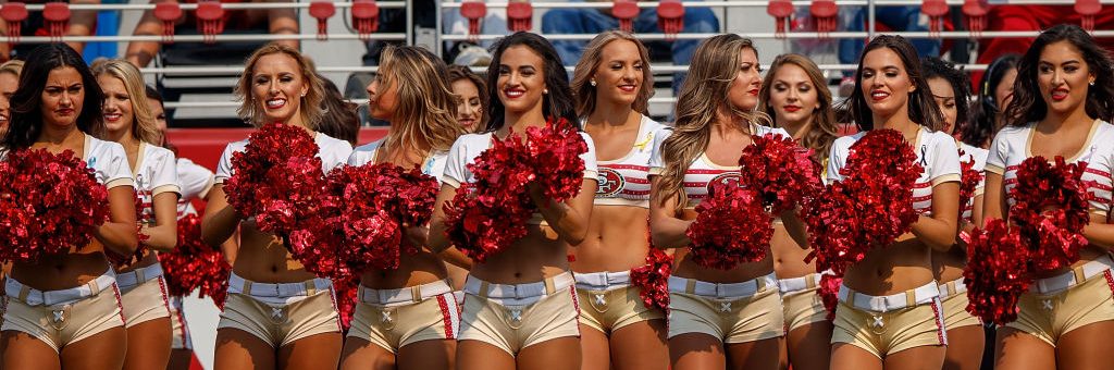 SANTA CLARA, CA - OCTOBER 07: San Francisco 49ers cheerleaders on the sidelines during the first quarter against the Arizona Cardinals at Levi's Stadium on October 7, 2018 in Santa Clara, California. The Arizona Cardinals defeated the San Francisco 49ers 28-18. (Photo by Jason O. Watson/Getty Images)