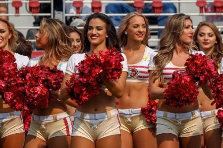 SANTA CLARA, CA - OCTOBER 07: San Francisco 49ers cheerleaders on the sidelines during the first quarter against the Arizona Cardinals at Levi's Stadium on October 7, 2018 in Santa Clara, California. The Arizona Cardinals defeated the San Francisco 49ers 28-18. (Photo by Jason O. Watson/Getty Images)