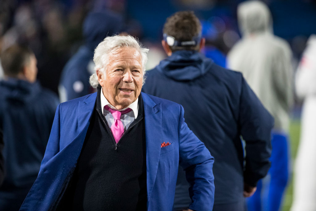 ORCHARD PARK, NY - OCTOBER 29:   Owner Robert Kraft of the New England Patriots walks on the field before the game against the Buffalo Bills at New Era Field on October 29, 2018 in Orchard Park, New York.  (Photo by Brett Carlsen/Getty Images)