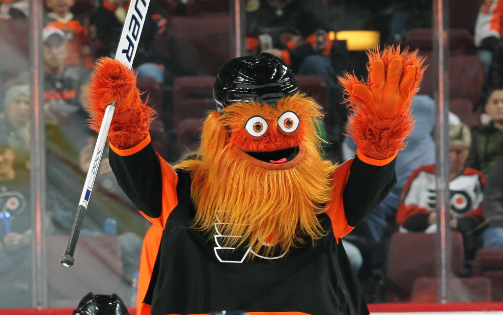 PHILADELPHIA, PA - OCTOBER 13:  Gritty, the mascot of the Philadelphia Flyers, celebrates in a hockey game during the second period intermission against the Vegas Golden Knights on October 13, 2018 at the Wells Fargo Center in Philadelphia, Pennsylvania.  (Photo by Len Redkoles/NHLI via Getty Images)